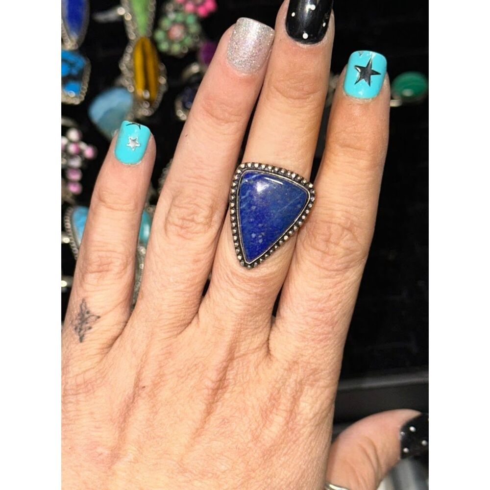 Blue Lapis Sterling Silver Overlay Ring Size 8